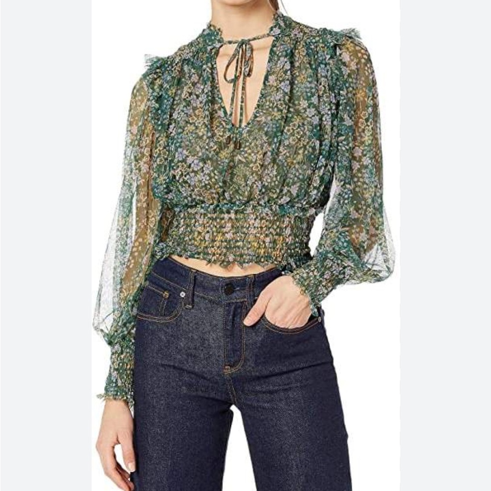 Free People Green Floral Ruffled Tie Front Blouse